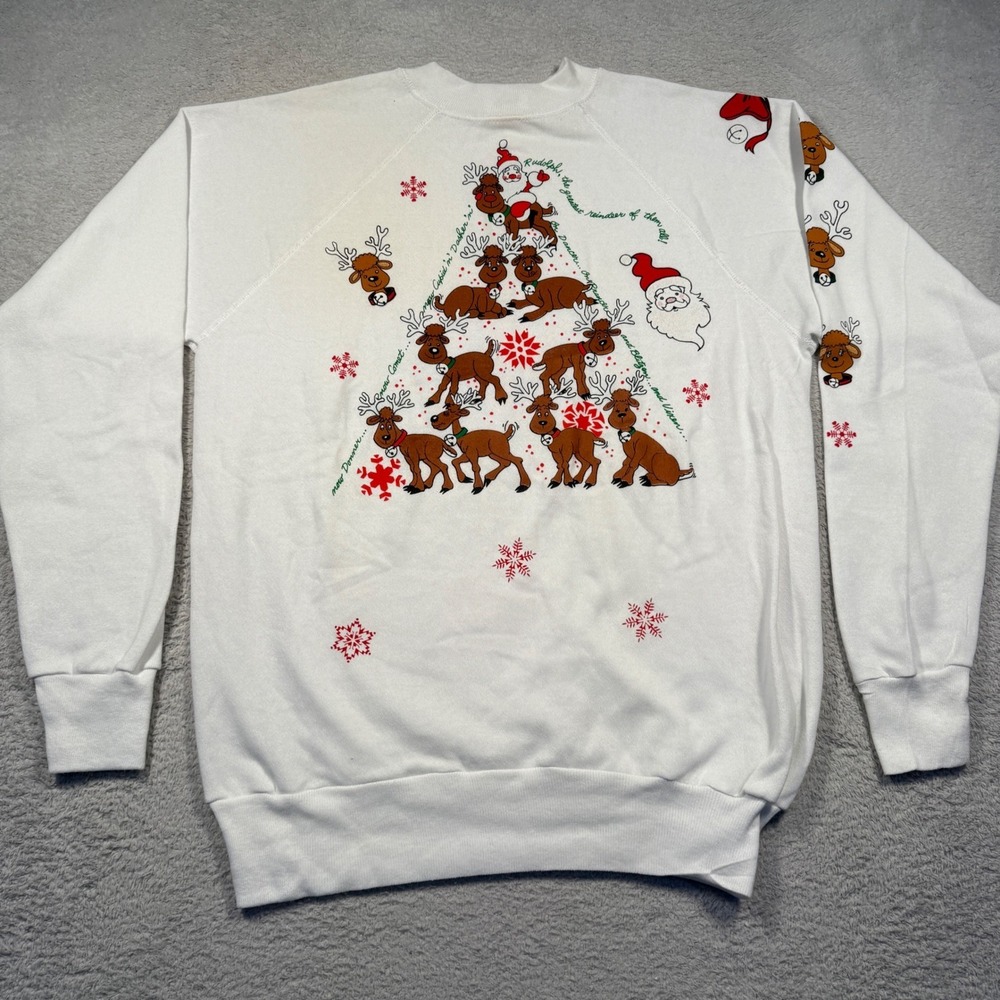 Vintage‎ Christmas Rudolph Reindeer Raglan Crewneck Sweatshirt XL USA Made NWOT
